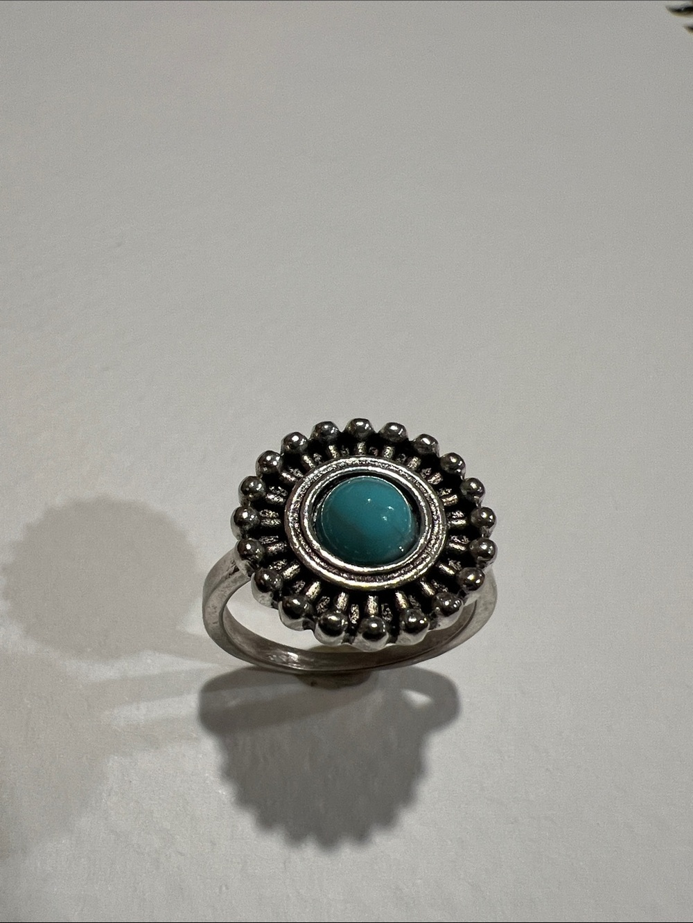 Silver-tone Turquoise Center Sunburst Ring - Women's Jewelry